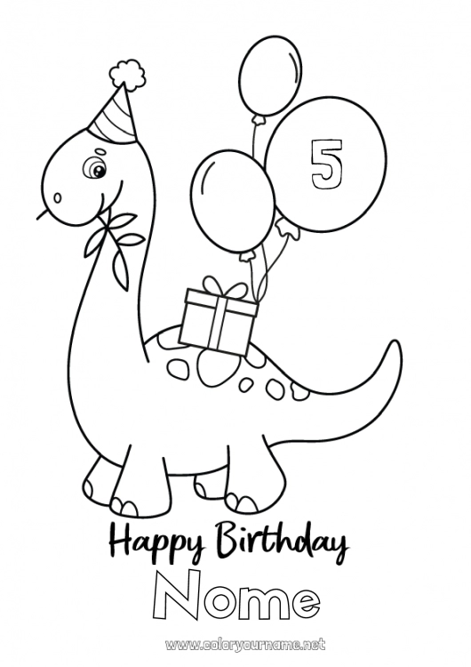 Pagina da colorare da stampare Regali Compleanno Dinosauri Palloncini Animale Disegni da colorare facili Buon compleanno (francese) Messaggio Età festeggiata personalizzabile