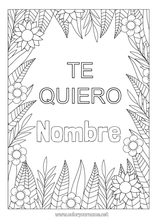 Dibujo para colorear para imprimir Flores Mamá Abuela Te amo Día de San Valentín Inscripción 