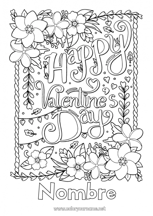 Dibujo para colorear para imprimir Flores Te amo Día de San Valentín Mensaje 