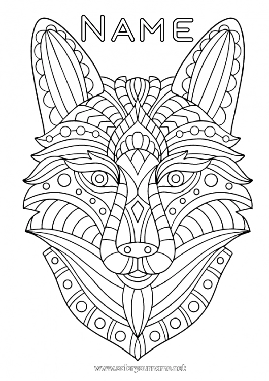 Coloring page to print Wolf Calm and zen Mandala Animal Forest animals