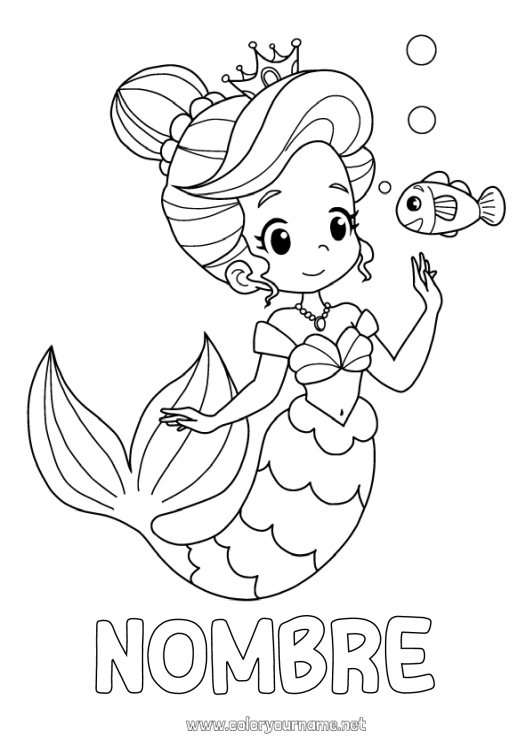 Dibujo para colorear para imprimir Princesa Mar Pescado Sirena Cuento de hadas Animales marinos o acuáticos