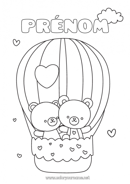 Coloriage à imprimer Ours Coeur Je t'aime Animal Ourson Saint valentin Montgolfière Animaux de la forêt Véhicules aériens