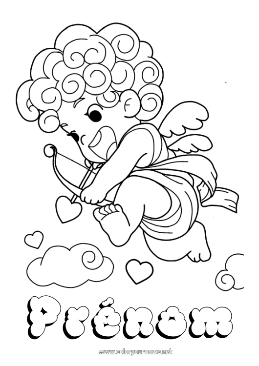 Coloriage à imprimer Je t'aime Saint valentin Cupidon Ange Flèche