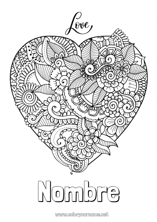 Dibujo para colorear para imprimir Flores Corazón Mandala Te amo Inscripción 