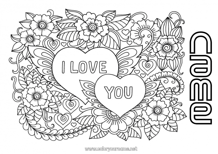 Coloring page to print Flowers I love you Valentine's Day 