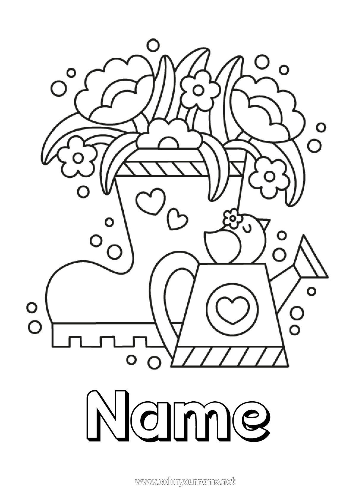 Coloring page No.2811 - Flowers Boots Watering can