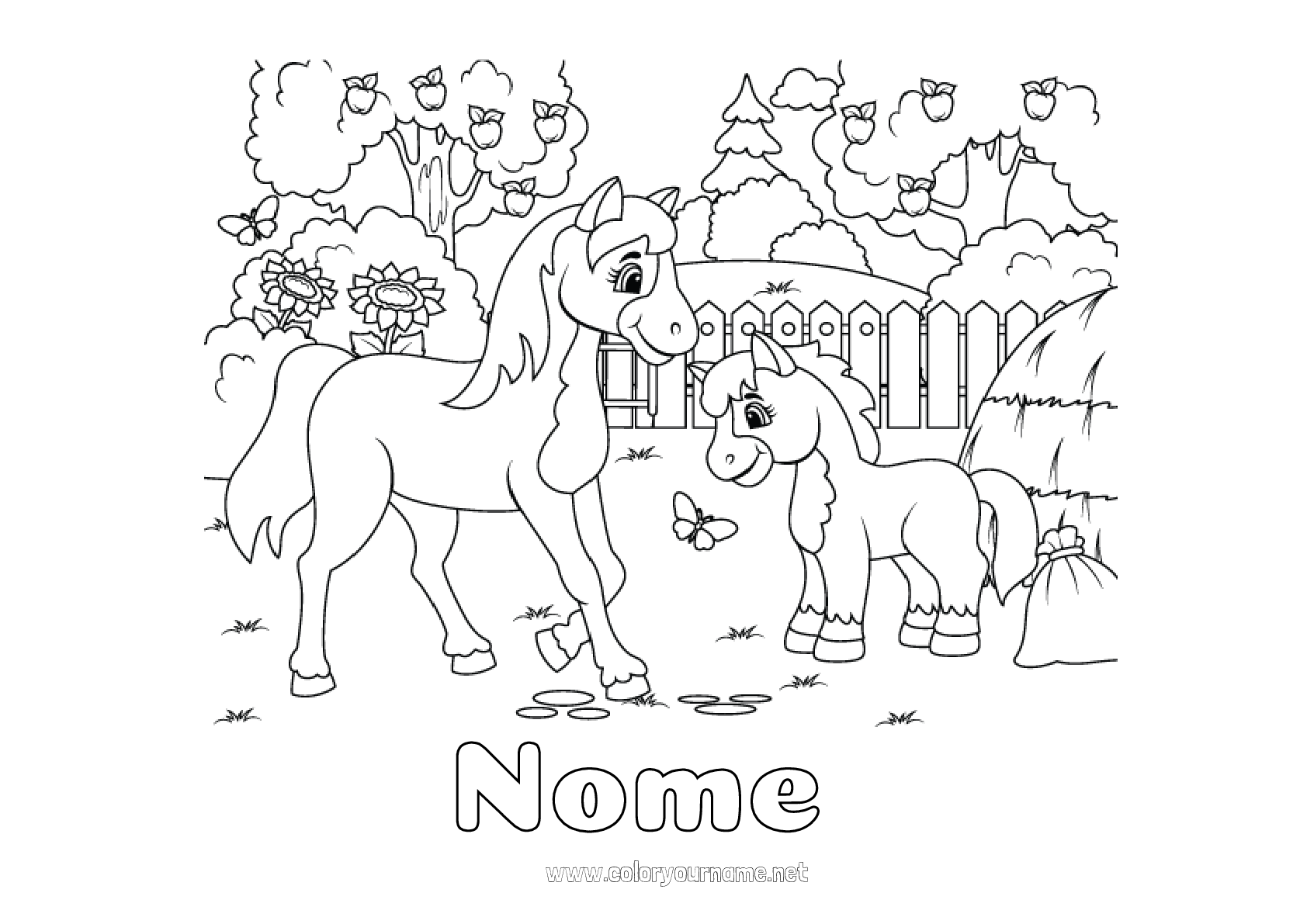 Desenhos para colorir de animais de fazenda de cavalos para crianças