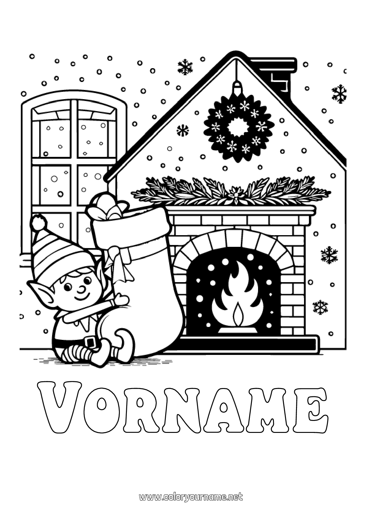 Malvorlage Nr.3542 - Weihnachtself Kamin Elfen Ausmalbilder