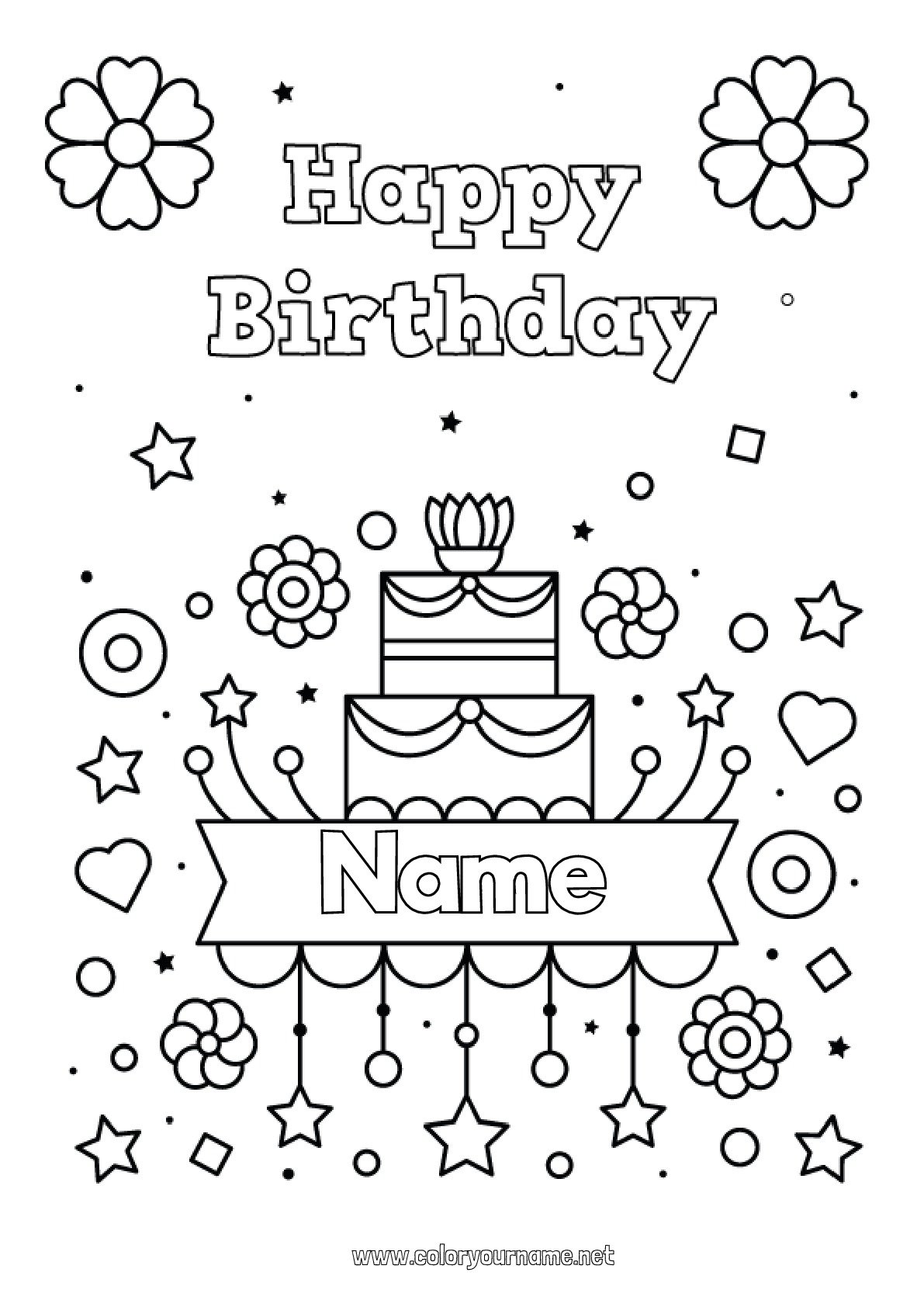 Coloring page No.3741 - Cake Birthday Happy Birthday (English) Message