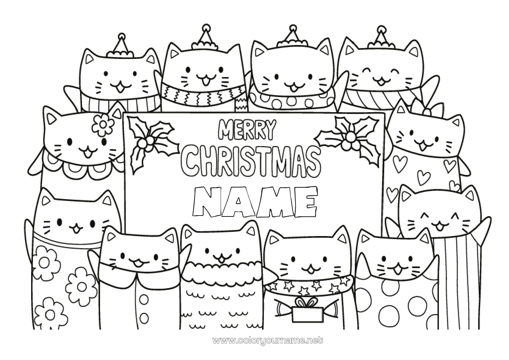 Coloring page No.424 - Cat Christmas Holly