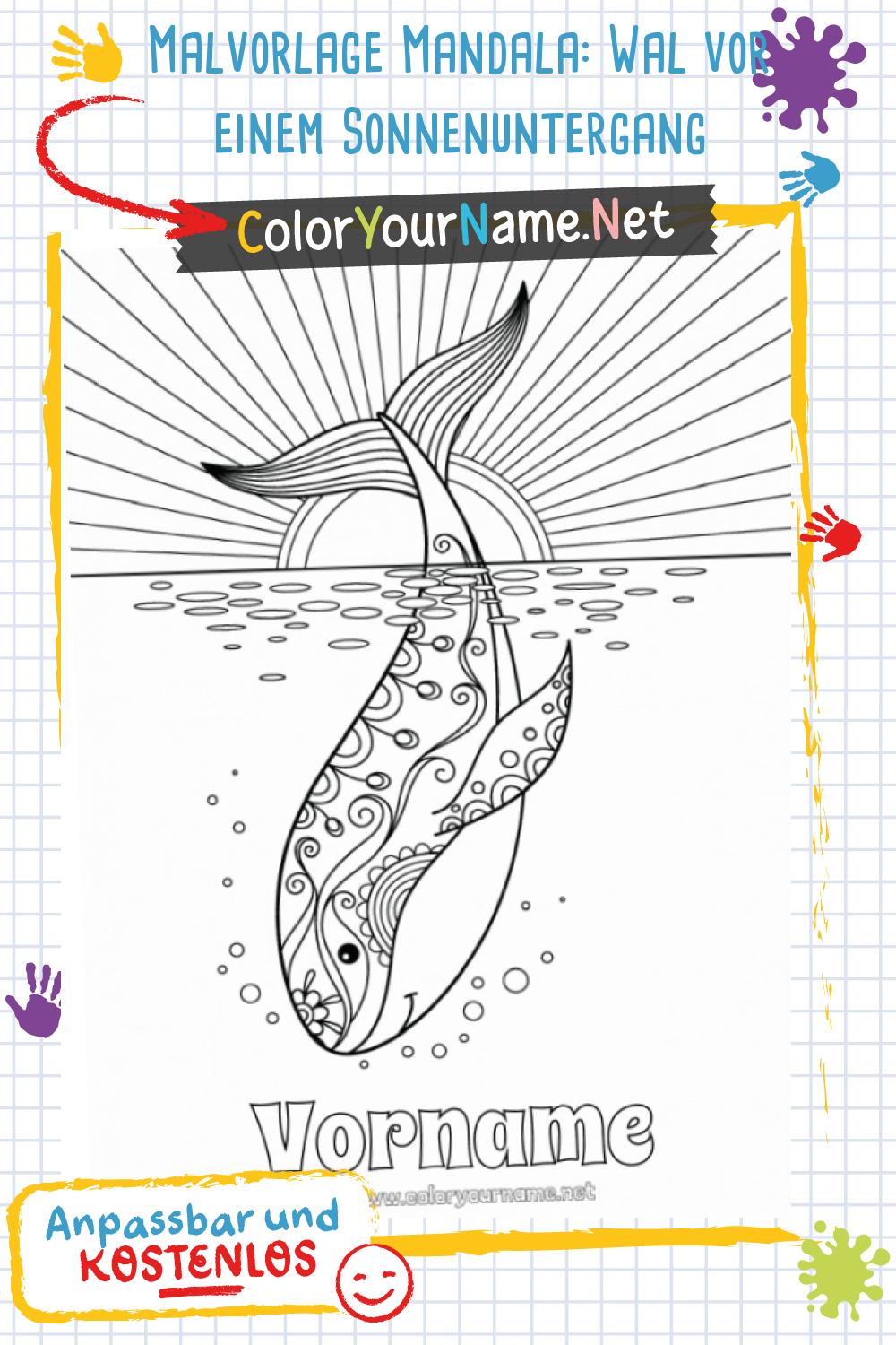 Malvorlage Mandala Wal vor einem Sonnenuntergang