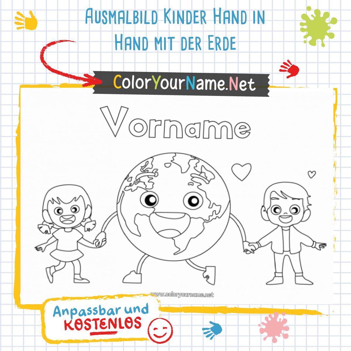 Ausmalbild Kinder Hand in Hand mit der Erde