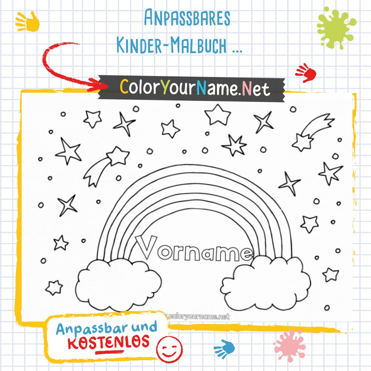 Anpassbares Kinder Malbuch mit Regenbogen und Sternschnuppen