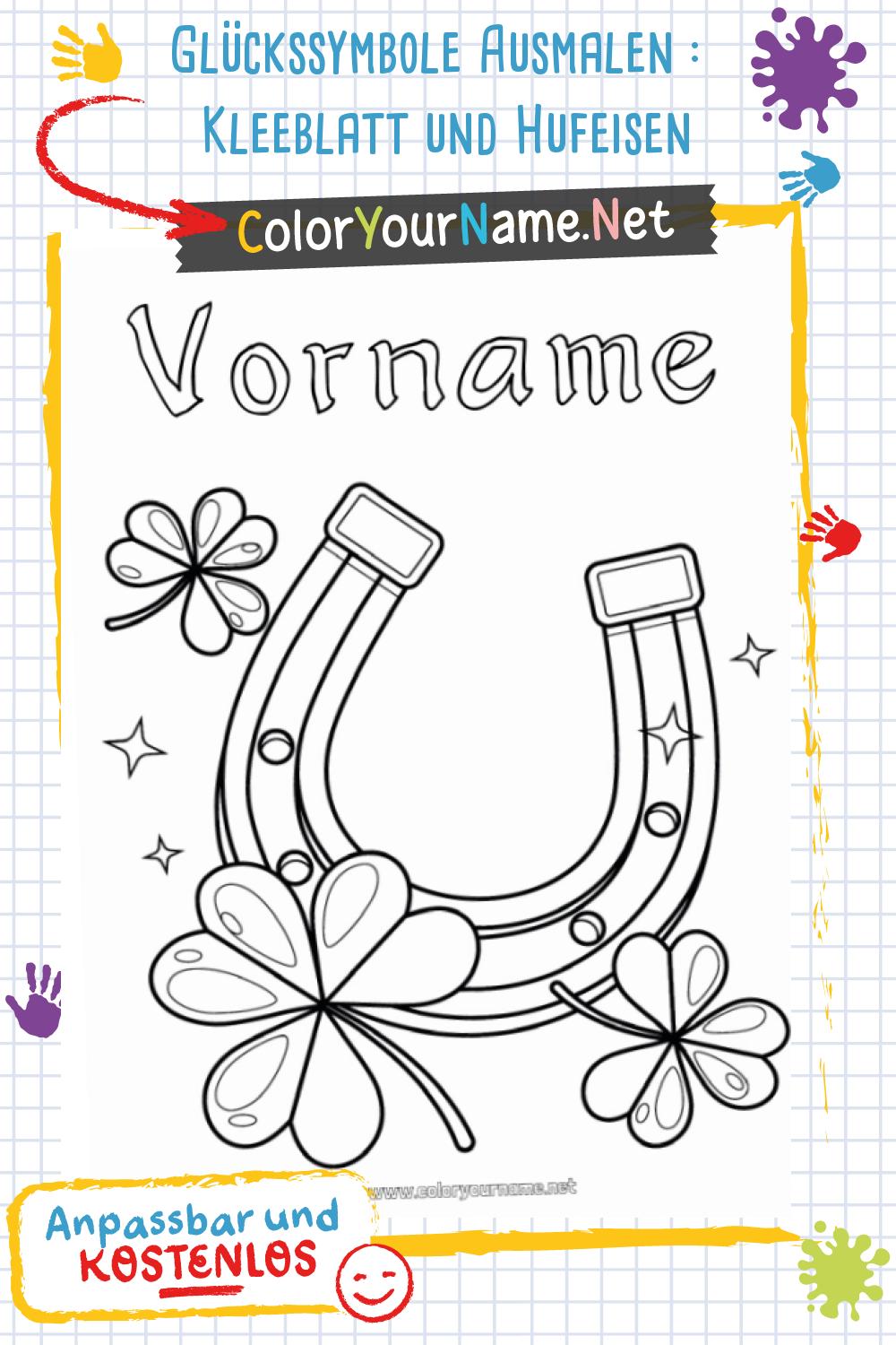 Glückssymbole Ausmalen  Kleeblatt und Hufeisen