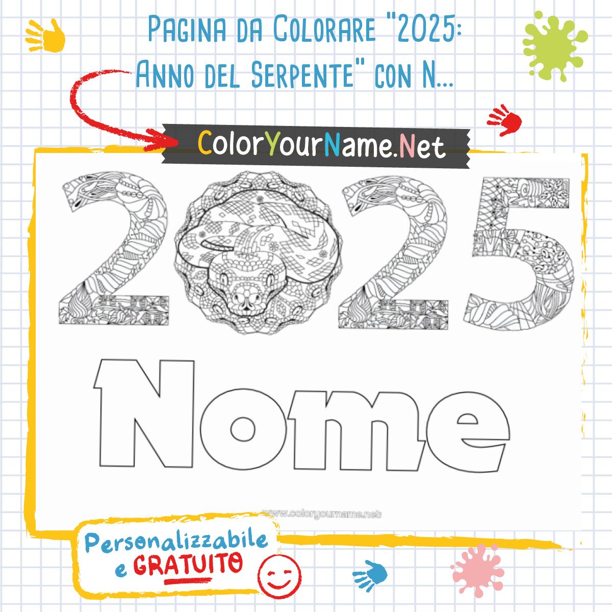 Pagina da Colorare "2025 Anno del Serpente" con Nome Personalizzabile